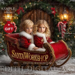 May include: Two children in red Santa suits sit in a red sleigh with gold detailing. The sleigh has the words "SANTA WORKSHOP" in gold. The background includes a Christmas tree, a lantern, and the text "SAMPLE" and "GIFT".