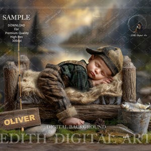 Könnte beinhalten: Ein digitaler Hintergrund mit einem schlafenden Baby in einem karierten Hemd und Latzhose, das auf einem rustikalen Holzbett ruht. Eine Angelrute, ein Eimer mit Fisch und ein Schild mit der Aufschrift "OLIVER" sind ebenfalls vorhanden. Das Bild enthält den Text "SAMPLE" und "EDITH DIGITAL ART".