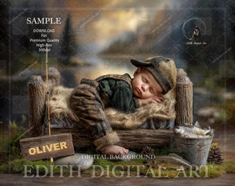 Summer Newborn Digital Backdrop, Rustic Bed Photo Prop For Baby & Pets Portrait, Fishing at Forest Lake, Photography Composites. Download