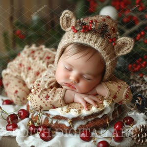 Può includere: Un bambino addormentato che indossa un cappello da renna di lana marrone con bacche rosse e un vestito a fantasia marrone e crema, sdraiato su un accessorio a forma di torta decorato con glassa bianca e circondato da ciliegie rosse.