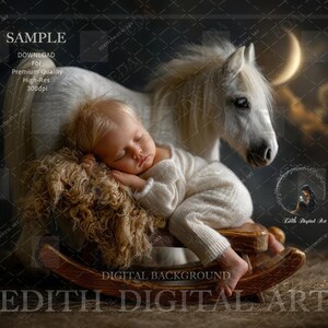 May include: A sleeping baby in a white onesie is lying on a rocking horse with a brown fur blanket. The rocking horse is white with a black mane and tail. The background is a dark blue with a crescent moon.