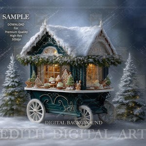 クリスマスジンジャーブレッドカートのデジタル背景、キャンディスタンド、雪の降る冬のワンダーランドのシーン、ホリデースタジオ写真背景写真撮影。