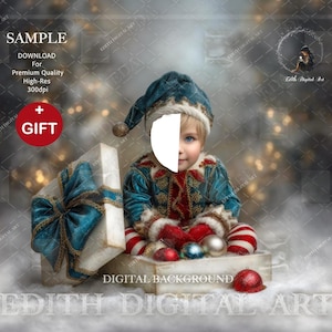 May include: A digital background featuring a child in a blue and red outfit, seated inside an open gift box with a large blue bow. The box contains Christmas ornaments. The image includes the text "SAMPLE" and "GIFT".