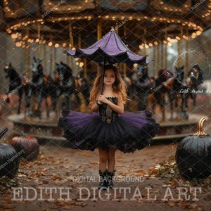 May include: A young girl in a black and purple tutu dress holds a purple and black umbrella in front of a vintage carousel. The carousel is decorated with black horses and has a wooden frame. There are pumpkins on the ground in front of the carousel.