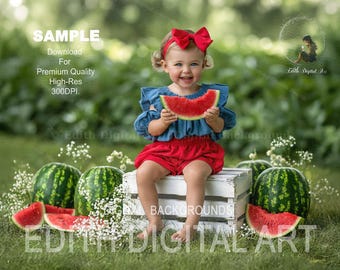 Summer Digital Backdrop, Watermelon Backdrop Photography For Children or Pets.  Outdoor White Rustic Bench Digital Download