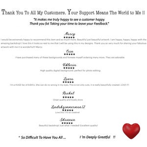 K&ouml;nnte beinhalten: Eine rote Herzgrafik mit dem Text "Thank You To All My Customers. Your Support Means The World To Me!!" und "It makes me truly happy to see a customer happy. Thank you for taking your time to leave your Feedback." Das Bild enth&auml;lt auch Kundenbewertungen mit f&uuml;nf Sternen und positiven Kommentaren.