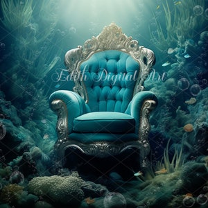 Fantasy Fairytale Mermaid Chair Under the Sea Digital Backdrop, Mermaid Digital Background Photography Overlay for Photoshop Composite Print