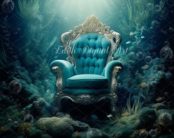 Fantasy Fairytale Mermaid Chair Under the Sea Digital Backdrop, Mermaid Digital Background Photography Overlay for Photoshop Composite Print