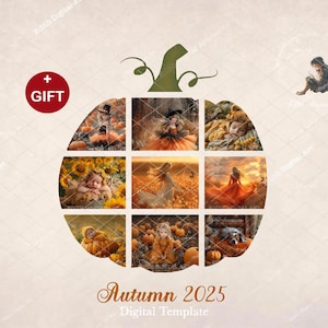 Autumn Digital Pupmpkin Photo Collage Template, Photography Collage PNG, Add Photo, Halloween Picture Collage Pets, Kids, Family, Newborn