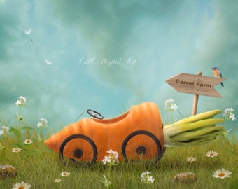 Easter Digital Backdrop Background Photography Composite, Easter Carrot Farm, Spring Floral Field, Fine Art Digital Print, Easter Garden.
