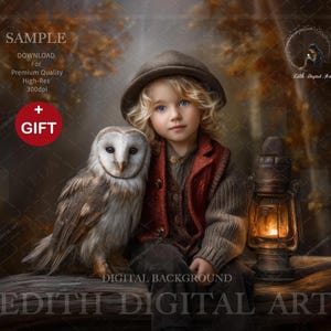 May include: A young child with blonde hair and blue eyes wearing a hat and vest, sitting next to a barn owl. A lit lantern is to the right. The image has the text "SAMPLE" and "GIFT".