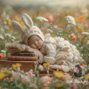 Easter Rabbit Newborn Digital Background Photography, Newborn Backdrop Composite, Bunny On Spring Blossom Field, Spring Baby Girl Template