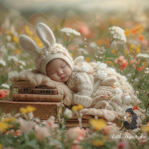 Easter Rabbit Newborn Digital Background Photography, Newborn Backdrop Composite, Bunny On Spring Blossom Field, Spring Baby Girl Template