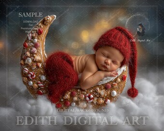 Christmas Newborn Digital Backdrop, Gingerbread Crescent Moon Digital Prop, Baby Photo Background, Holiday Newborn Photography Download