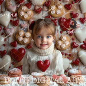 May include: A young girl with blonde hair and blue eyes is wearing a white sweater with a red heart on the front. She is sitting in front of a background of red hearts, white hearts, and pink and white cookies. The background is covered in white powder, which may be powdered sugar.