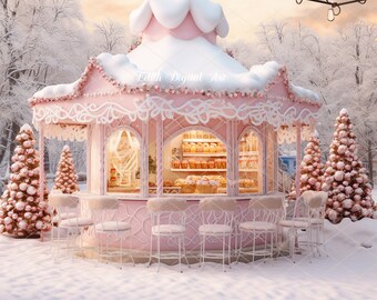 Weihnachtsdorf Fotohintergrund – 2,1x1,5 M, Vinyl, Rosa Lebkuchenmann-Design, Für Party & Fotoshooting
