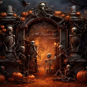 Halloween Digital Backdrop Composite, Scary Skeleton Cemetery Backdrop, Haunted Dark Gate of Witch, Creepy Template, Mystical Ghotic Door