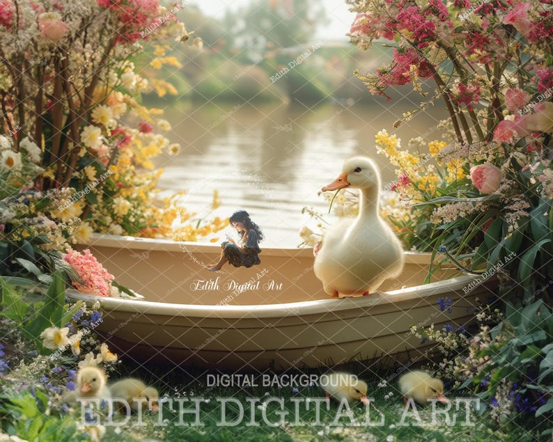 Spring Portrait Ducklings Spring Backdrop Digital Photography, Wooden Boat Digital Photo Prop ...