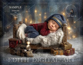 Fondo digital para recién nacidos, escena de estación de tren navideña, utilería para fotos de cama de recién nacidos, fondo digital para estudio de fotografía, descarga de composición.