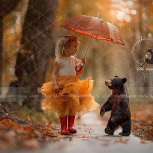 Fantasy Herbst digitaler Hintergrund, Waldspur mit schwarzem Bär, Outdoor Hintergrund für Kinder Porträts, Wald Herbstszene, Sofort Download