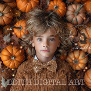 May include: A young child with blonde hair wearing a brown sweater and a bow tie is surrounded by a pile of orange pumpkins. The child is looking directly at the camera.
