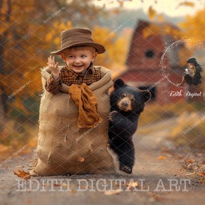 Fotografía de fondo digital de otoño, fondo divertido compuesto, saco, bolsa, oso, granero rojo, camino, sendero, descarga instantánea, imágenes creativas.