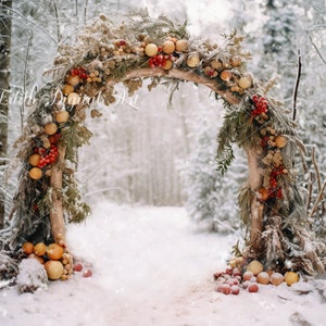 Christmas Arch on Snow Winter Forest Background, Enchanted Digital Backdrop, Outdoor Photography, Download Snow Landscape Photo Composite.