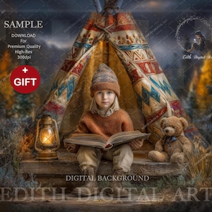 Puede incluir: Un fondo digital con un niño en un tipi, con un suéter y gorro marrón, leyendo un libro. Un oso de peluche y una linterna están presentes. La escena está ambientada en un bosque con una estética suave y soñadora.