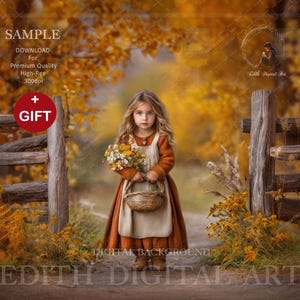 May include: A young girl in a rust-colored dress and apron stands near a wooden fence, holding a basket of flowers. The background features fall foliage and the text "SAMPLE DOWNLOAD For Premium Quality High-Res 300dpi + GIFT".