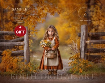 Fall Rustic Fence Digital Background Photography, Autumn Woodland Road Backdrop Composite With Fall leaves, Nature Outdoor Portrait Download