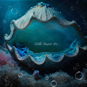 May include: A large, ornate, white seashell with a blue interior. The shell is open and appears to be a bed or cradle. The shell is surrounded by bubbles and a dark blue background.