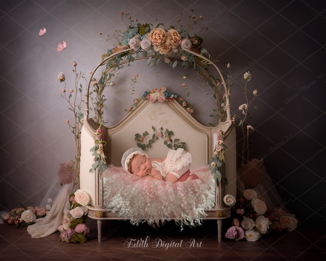 Newborn Digital Bed, Newborn Digital Backdrop, Floral Baby Girl Crib