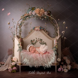 Newborn Digital Bed, Newborn Digital Backdrop, Floral Baby  Girl Crib, Newborn Composite Photography Background, Spring Digital Photo Prop.