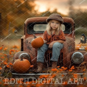 May include: A young person wearing a brown hat and a plaid shirt sits on the back of a rusty red truck. The truck is surrounded by orange and yellow flowers. The person is holding a small orange pumpkin.