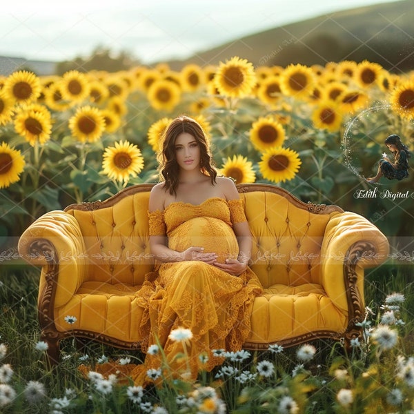 Summer Sunflowers Field Digital Backdrop, Yellow Couch Photography Backdrop, Autumn Harvest, Sofa Portrait, Outdoors Digital Photo Composite