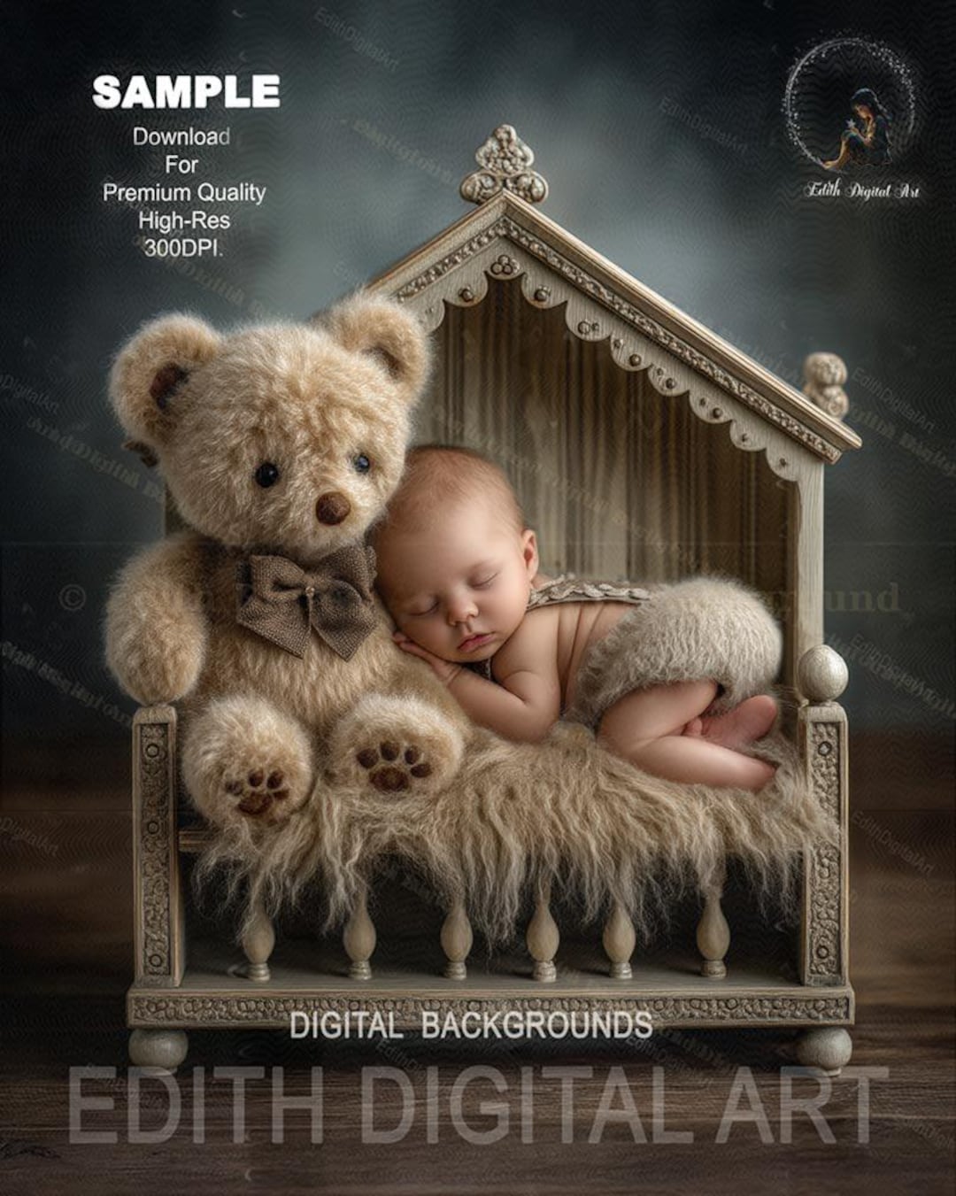 Newborn Digital Backdrop, Teddy Bear Crib, Baby Boy and Girl ...