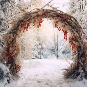 Julblommig båge på snöig vinterskogsbakgrund, förtrollad digital bakgrund, utomhussnöfotografi, ladda ner landskapsfoto.