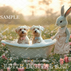 Toile de fond numérique de Pâques, lapin de Pâques pour enfants, portrait photographique de chats et de chiens, accessoire numérique de baignoire, fond composite de champ printanier.