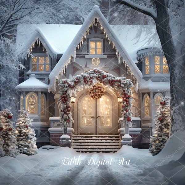 Christmas Backdrop Digital, Christmas Digital Background Photography, Snowy Front House at  Winter Forest, Outdoor Photoshoot Portrait Photo