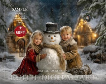 May include: A winter scene featuring a snowman with a black top hat and scarf, flanked by two children in winter attire. The girl wears a red dress, and the boy is in a brown coat. The background includes a snowy landscape and a cabin.