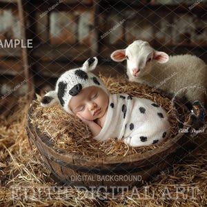 Newborn Digital Backdrop, Baby Photo Portrait, Digital Photography For Boy or Girl Composites, Farm Animals at Rustic Barn, Lamb Background
