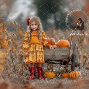 Cyfrowe tło zbiorów jesiennych, wózek z dyniami na farmie Pumpkin Road, jesienna scena natury do portretów plenerowych, pobieranie kompozycji fotograficznej