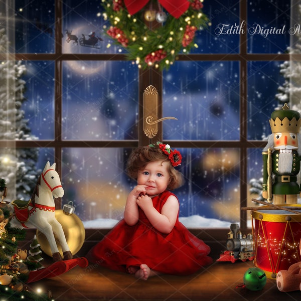 Christmas Window Backdrop Digital Photography for Kids, Snow Window With Santa On the Moon and Christmas Toys, Digital Download Photo Prop