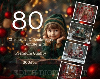 Christmas Digital Backdrop Bundle, Christmas Background Photography, 80 Holidays Photo Composites, Xmas Templates For Kids, Family & Pets.