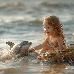 May include: A young girl with long curly hair sits on a rock in the water, smiling and reaching out to a gray dolphin swimming towards her.