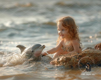 Dolphin Digital Background for Photography, Ocean Digital Backdrop, Beach, Sea, Rock, Mermaid, Kids, Creative Composite, Instant Download