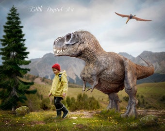 Dinosaur Digital Backdrop for Kids Photography Tyrannosaurus Rex Background, T-Rex Photoshop Composite. Walking with Dino at Jurassic Forest