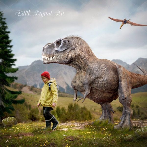 Dinosaur Digital Backdrop for Kids Photography Tyrannosaurus Rex Background, T-Rex Photoshop Composite. Walking with Dino at Jurassic Forest