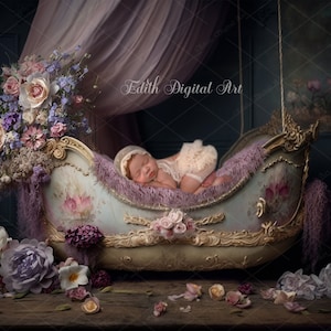 Newborn Digital Backdrop Girl, Baby Girl Photography Composite, Purple Floral Ventige Newborn Bed, Princess Digital Photo Prop Overlay.