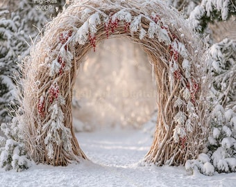 Christmas Floral Arch on Snow Winter Forest Background, Enchanted Digital Backdrop, Outdoor Snow Photography, Download Landscape Photo.